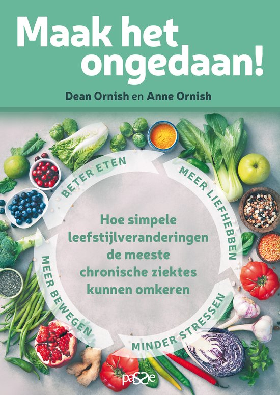 Maak het ongedaan, Dean Ornish, boekomslag voorkant met een cirkel van gezonde voeding, tweedehands