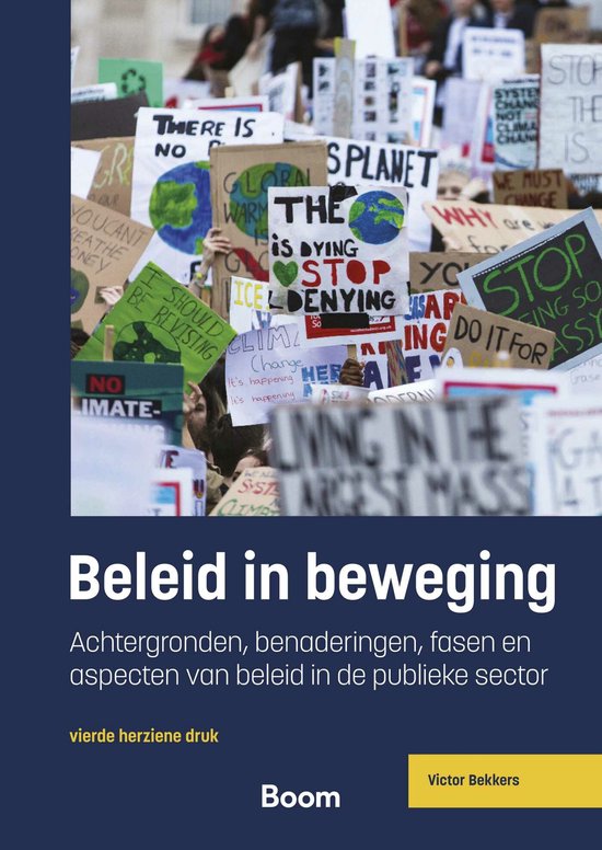 Beleid in beweging, Victor Bekkers, boekomslag voorkant met klimaatprotestborden, tweedehands