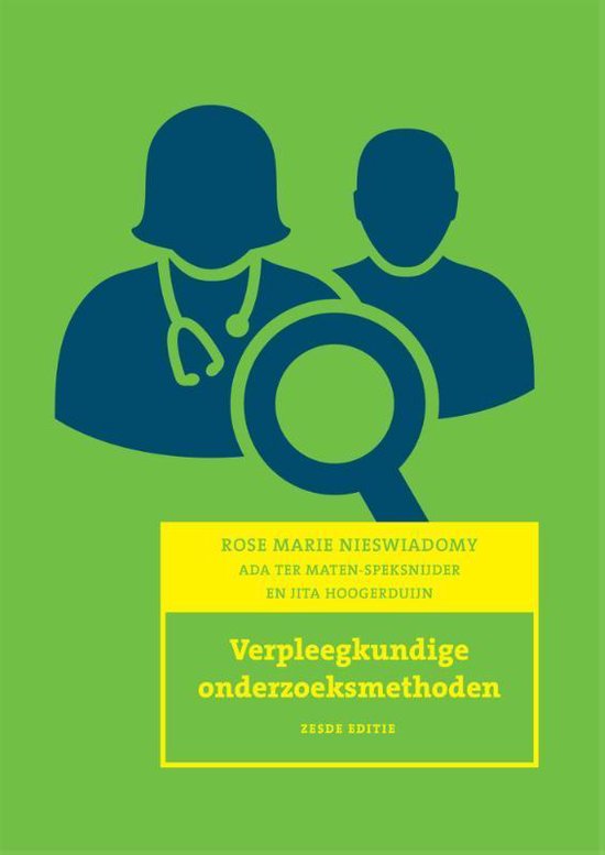 Verpleegkundige onderzoeksmethoden, Rose Marie Nieswiadomy, boekomslag voorkant met zorgfiguren en vergrootglas, tweedehands