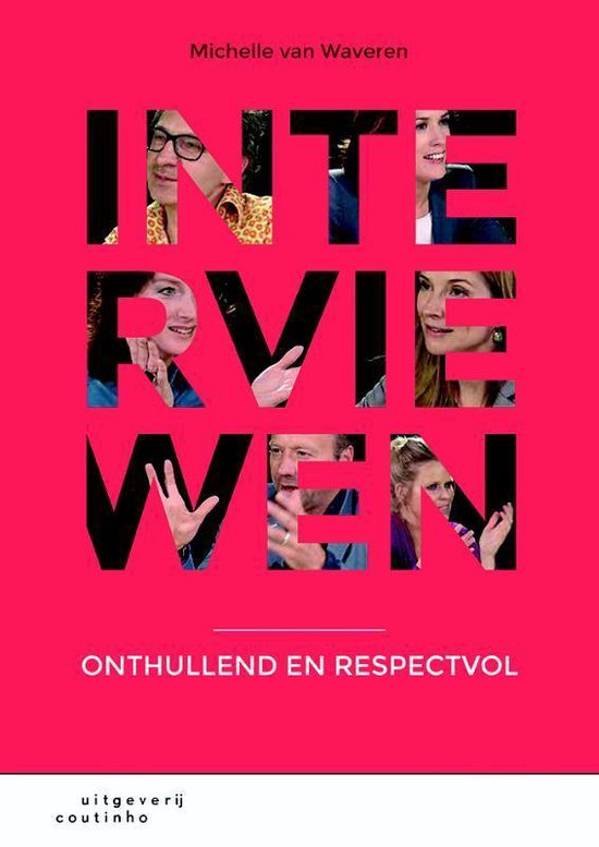 Interviewen, Michelle van Waveren, boekomslag voorkant met gezichten achter grote letters op roze, tweedehands