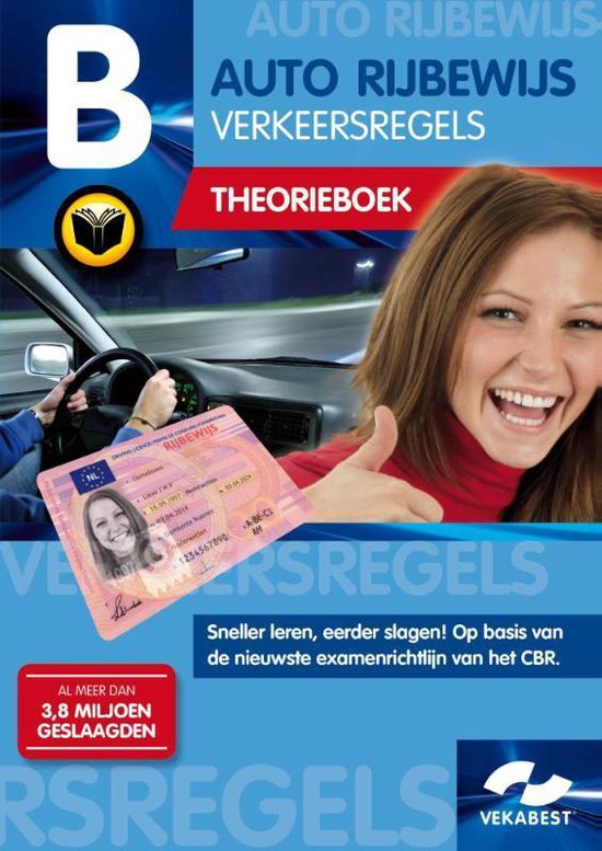 Auto rijbewijs B, Verkeersregels theorieboek, blauwe omslag met een lachende vrouw en een rijbewijs, tweedehands