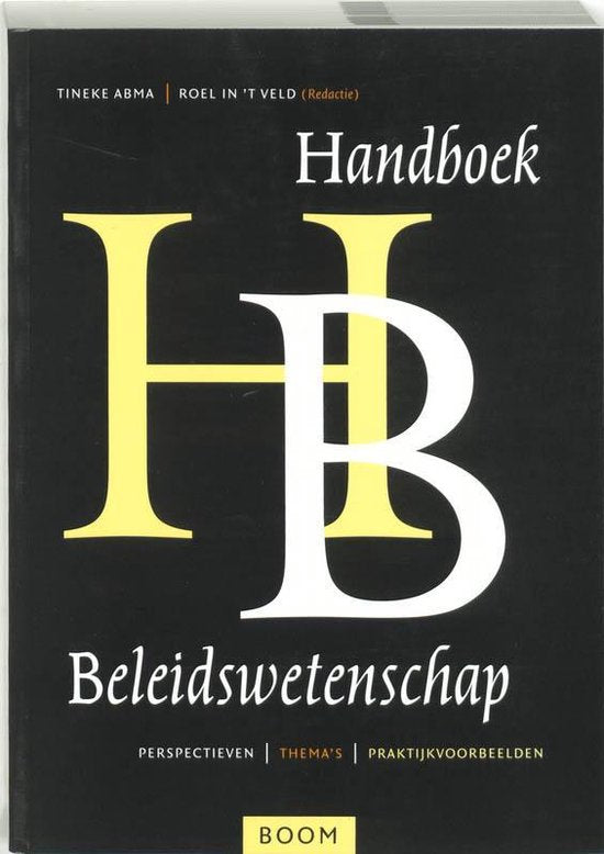 Handboek beleidswetenschap, onder redactie van Tineke Abma, boekomslag voorkant met een grote letter HB, tweedehands