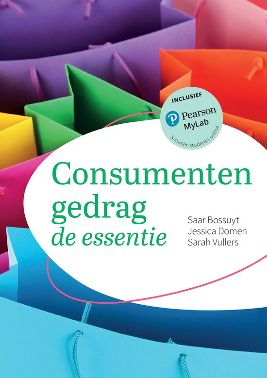 Consumentengedrag, de essentie, Saar Bossuyt, boekomslag voorkant met kleurige boodschappentassen, tweedehands
