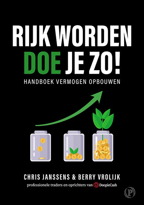 Rijk worden doe je zo!, DoopieCash, boekomslag voorkant met spaarpotten en een groene pijl omhoog, tweedehands