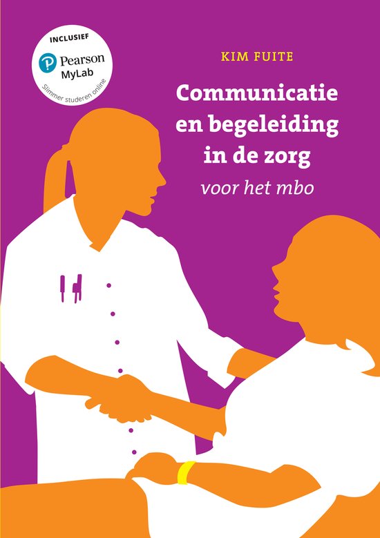 Communicatie en begeleiding in de zorg, voor het mbo, Kim Fuite, paarse omslag met twee figuren en een handdruk, tweedehands