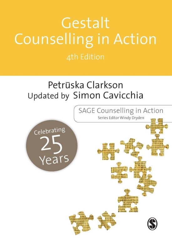 Gestalt Counselling in Action, vierde editie, Petrūska Clarkson, gele omslag met puzzelstukjes, tweedehands