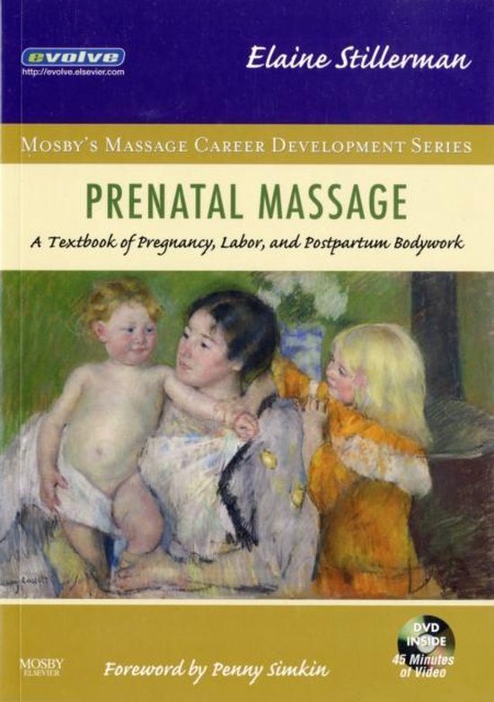 Prenatal Massage, Elaine Stillerman, Mosby, omslag met een schilderij van een moeder en kinderen, tweedehands