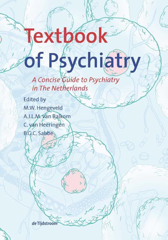 Textbook of Psychiatry, M.W. Hengeveld, lichtblauwe omslag met lijntekeningen van cellen, tweedehands
