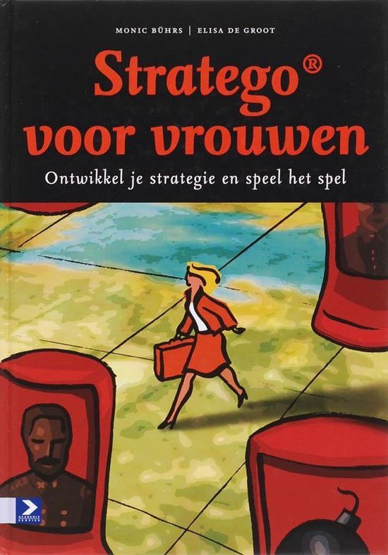 Stratego voor vrouwen, M. Buhrs, boekomslag voorkant met een zakenvrouw tussen Strategostukken, tweedehands