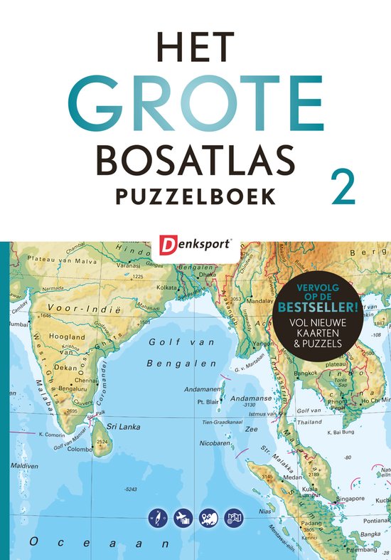 Het Grote Bosatlas Puzzelboek II, boekomslag voorkant met een landkaart, tweedehands