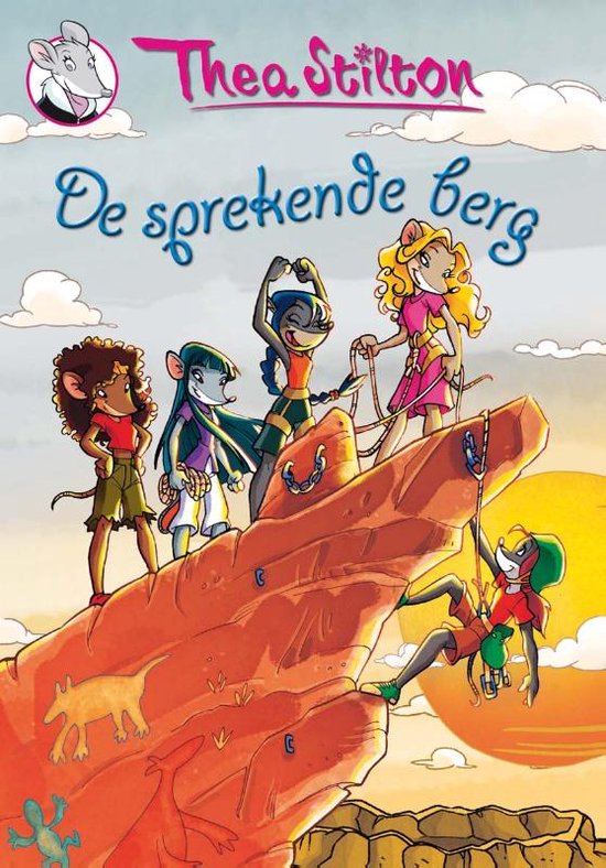 De sprekende berg, Thea Stilton, omslag met vijf muizen op een rode rots, tweedehands