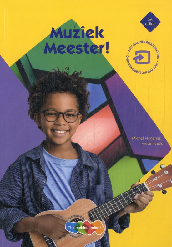 Muziek Meester!, Michel Hogenes en Vivian Knols, 5e editie, boekomslag voorkant met een jongen met ukelele, tweedehands