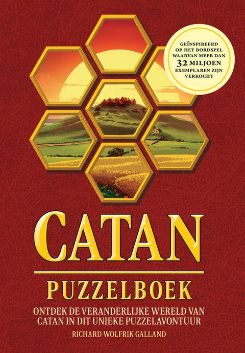 Catan puzzelboek, Richard Wolfrik Galland, Kluitman, rode omslag met zeshoekige landschappen, tweedehands