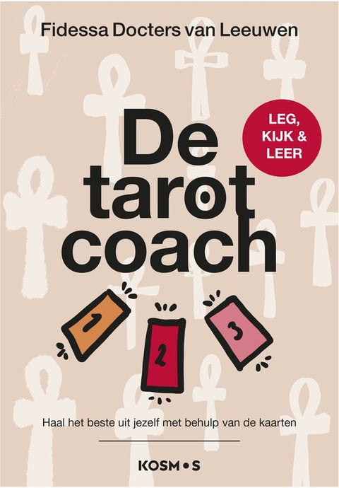 De tarotcoach, Fidessa Docters van Leeuwen, Kosmos, beige omslag met drie tarotkaarten, tweedehands