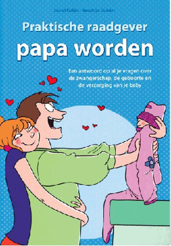 Praktische raadgever papa worden, Lionel Pailles, boekomslag voorkant met een cartoon van een stel met baby, tweedehands