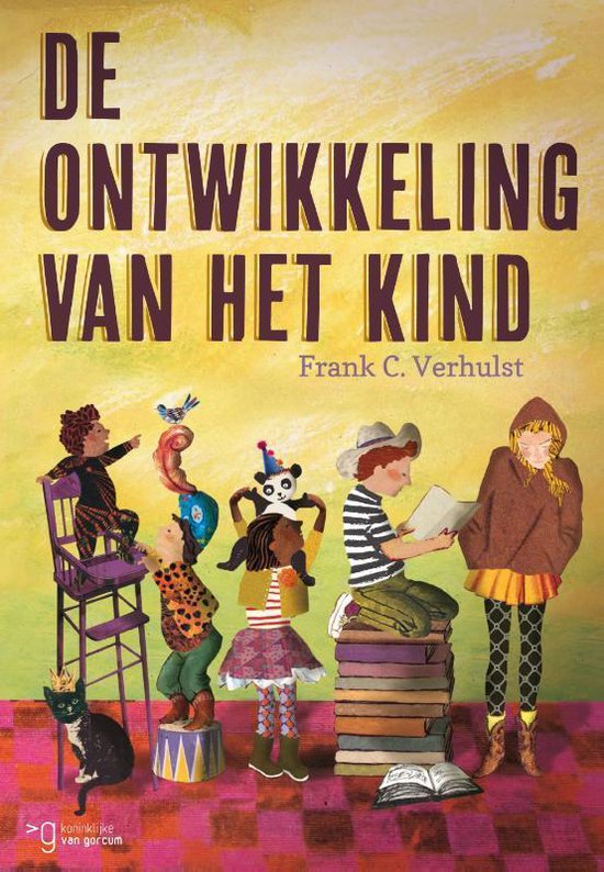 De ontwikkeling van het kind, Frank C. Verhulst, gele omslag met getekende kinderen en een stapel boeken, tweedehands