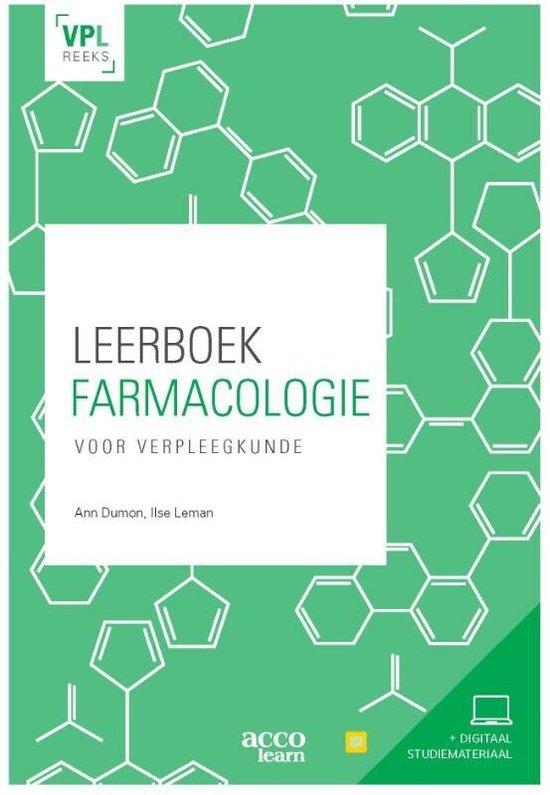 Leerboek farmacologie voor verpleegkunde, Ann Dumon en Ilse Leman, groene omslag met molecuulstructuren, tweedehands