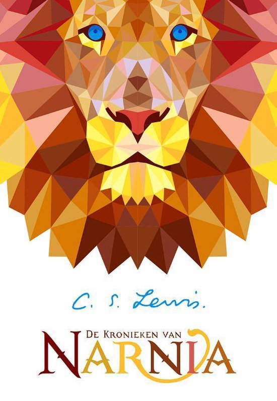 De kronieken van Narnia, C.S. Lewis, boekomslag voorkant met een geometrische leeuw, tweedehands