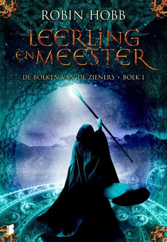Leerling en meester, Robin Hobb, boekomslag voorkant met een gehulde figuur met een lichtgevende staf, tweedehands