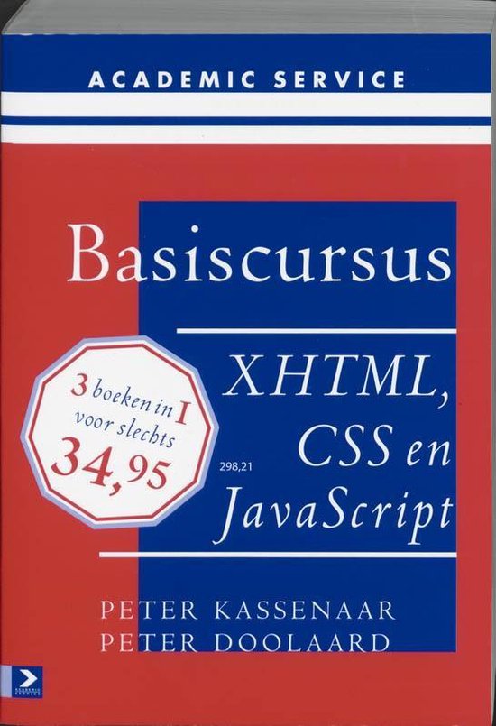 Basiscursus XHTML, CSS en JavaScript, Peter Kassenaar en Peter Doolaard, rode omslag met een blauw vlak, tweedehands