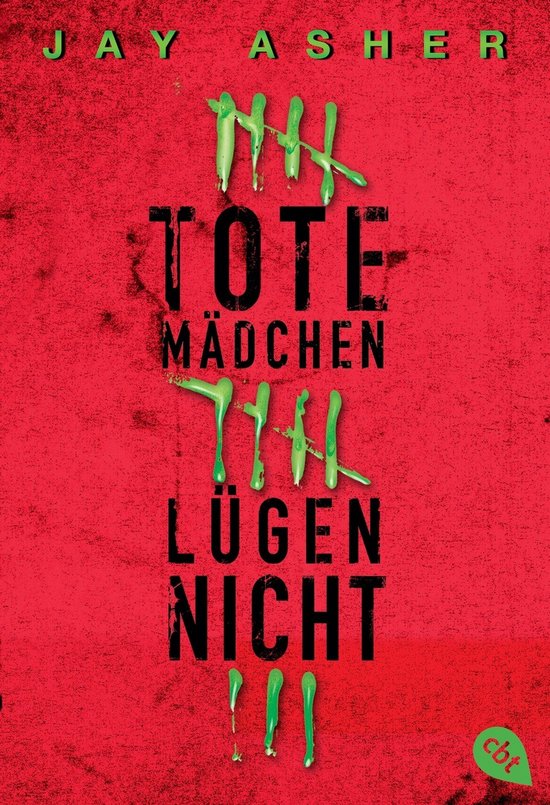 Tote Mädchen lügen nicht, Jay Asher, Duitstalige uitgave, rode omslag met groene turfstreepjes, tweedehands