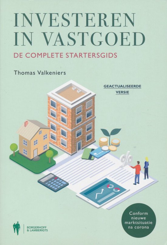 Investeren in vastgoed, de complete startersgids, Thomas Valkeniers, lichtgroene omslag met getekende gebouwen, tweedehands