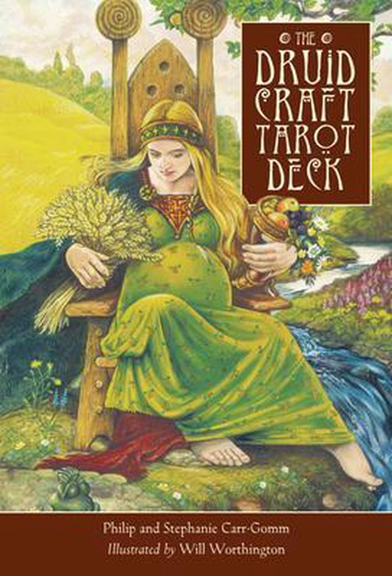 The Druid Craft Tarot Deck, Philip Carr-Gomm, boekomslag voorkant met een vrouw op een troon, tweedehands