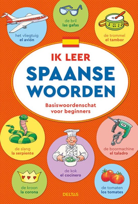 Ik leer Spaanse woorden, boekomslag voorkant met illustraties van voorwerpen met Spaanse woorden, tweedehands