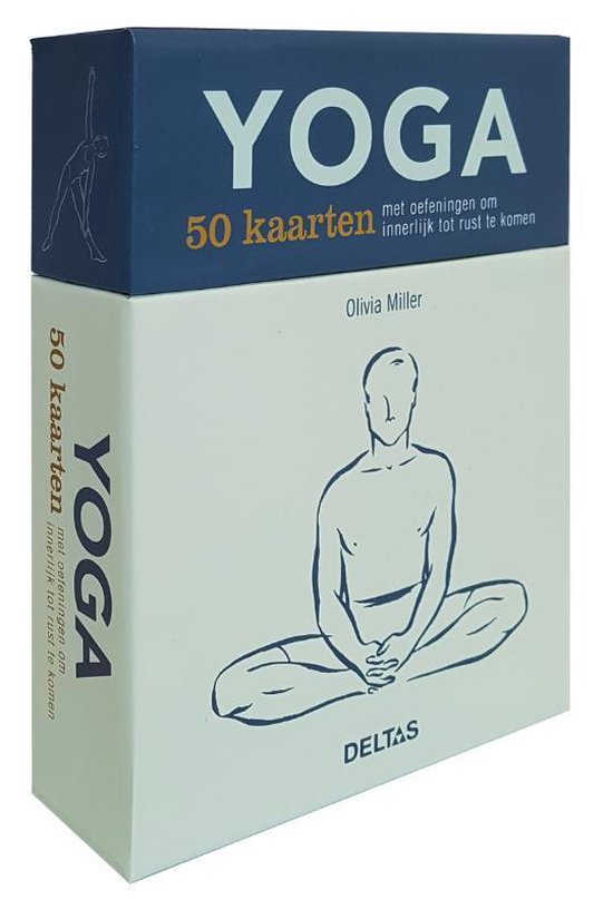 Yoga 50 kaarten met oefeningen, Olivia Miller, Deltas doos schuin gezien met tekening van zittende figuur, tweedehands