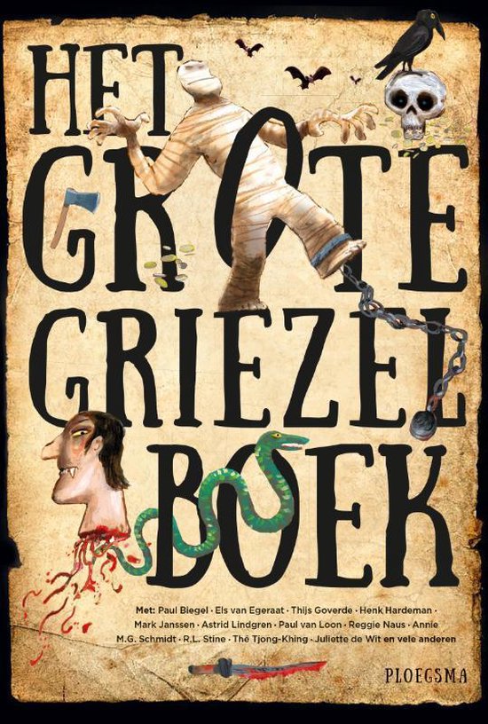 Het grote griezelboek, boekomslag voorkant met een mummie, een schedel en een slang, tweedehands