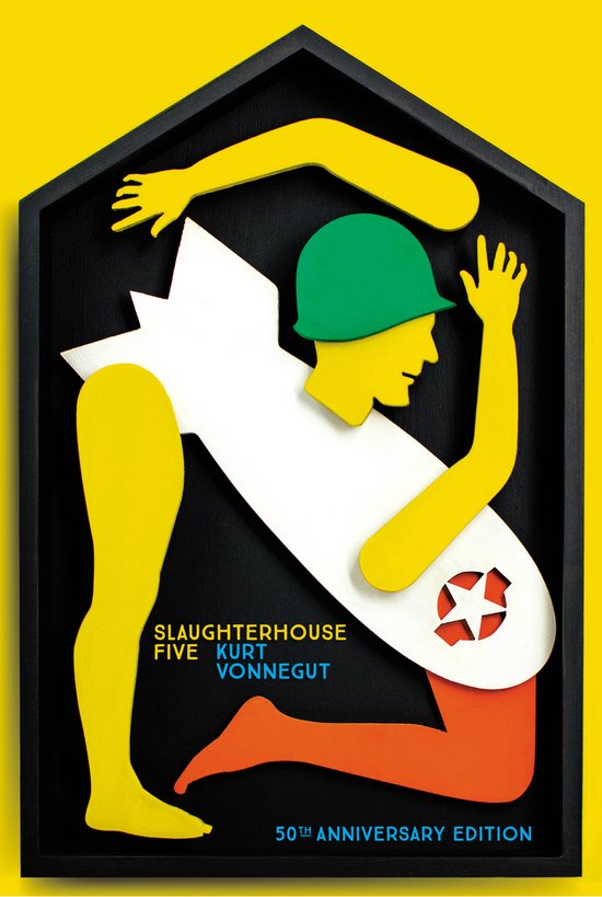 Slaughterhouse 5, Kurt Vonnegut, boekomslag voorkant met een uitgeknipte soldaat om een bom, tweedehands