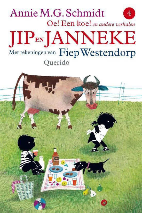 Jip en Janneke, Oe een koe en andere verhalen, Annie M.G. Schmidt, boekomslag voorkant met kinderen en een koe, tweedehands