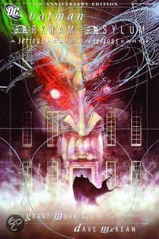 Batman Arkham Asylum, Grant Morrison en Dave McKean, omslag met een gezicht met rode ogen boven een gebouw, tweedehands