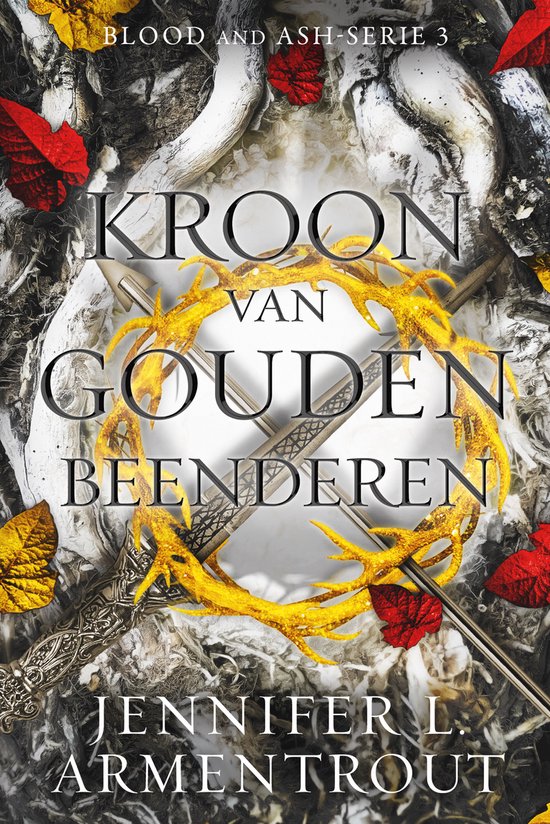 Kroon van gouden beenderen, Blood and Ash 3, Jennifer L. Armentrout, omslag met gouden kroon en rode bladeren, tweedehands