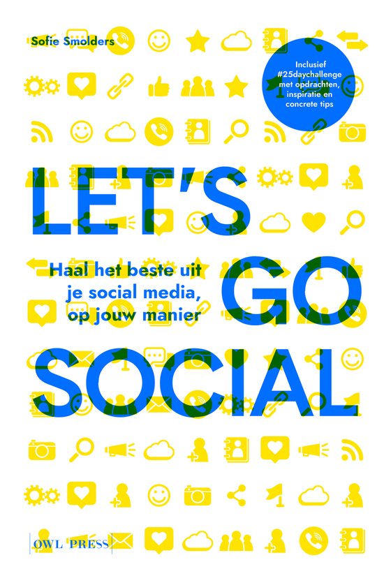 Let's go social, Sofie Smolders, witte omslag met gele icoontjes en blauwe letters, tweedehands