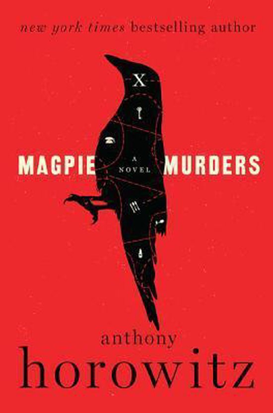 Magpie Murders, Anthony Horowitz, rode omslag met een zwarte ekster, tweedehands