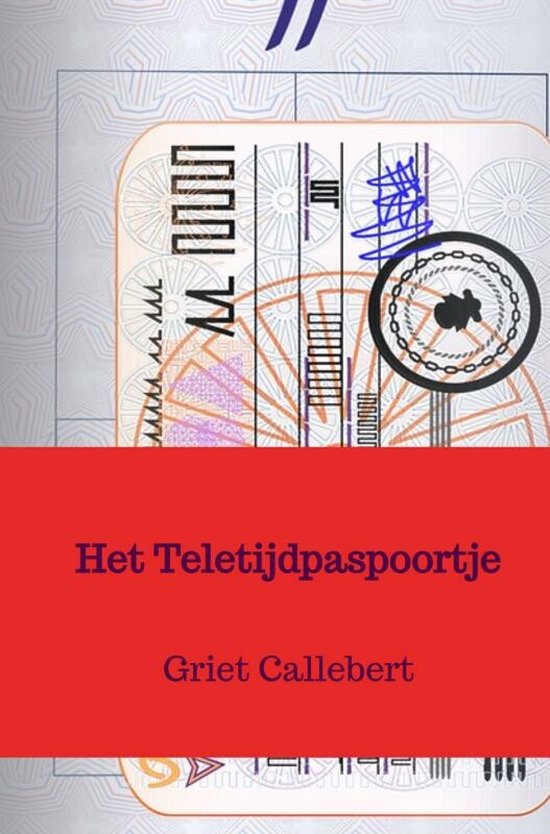 Het Teletijdpaspoortje, Griet Callebert, omslag met een rode band over een patroon van stempels, tweedehands