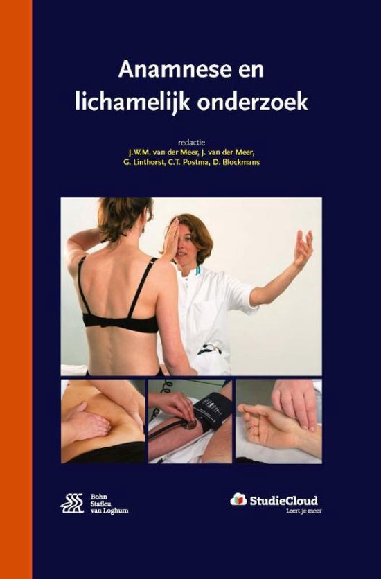 Anamnese en lichamelijk onderzoek, J. van der Meer e.a., donkerblauwe omslag met onderzoeksfoto's, tweedehands