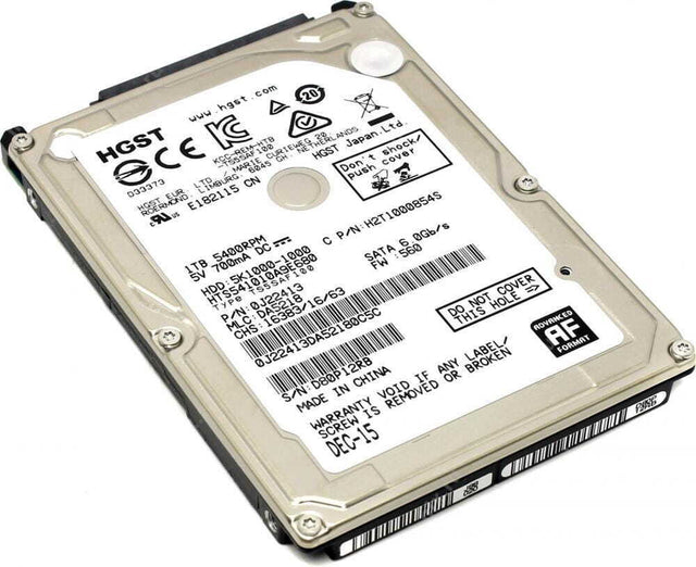 HGST Travelstar 5K1000 1TB 2,5 inch SATA harde schijf, bovenkant met typelabel, tweedehands