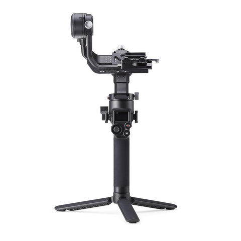 DJI RSC 2 gimbal stabilizer, zwart, uitgeklapt op een klein driepootstatief, tweedehands