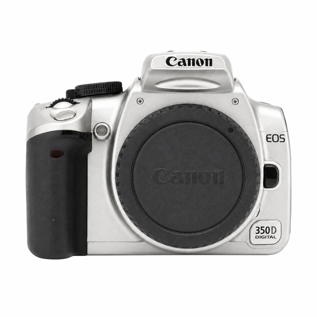Canon EOS 350D digitale spiegelreflexcamera body, zilver, voorkant met bodydop, tweedehands