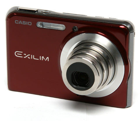 Casio Exilim EX-S880 digitale compactcamera, rood, schuin vooraanzicht met uitgeschoven lens, tweedehands
