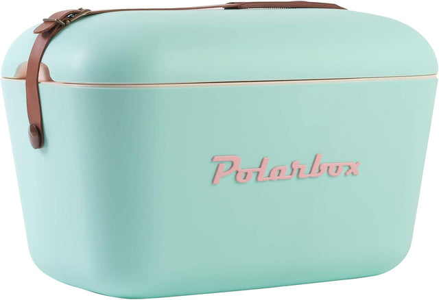 Polarbox vintage koelbox 12 liter met schouderband, groen met roze, schuin van voren met bruine riem, tweedehands