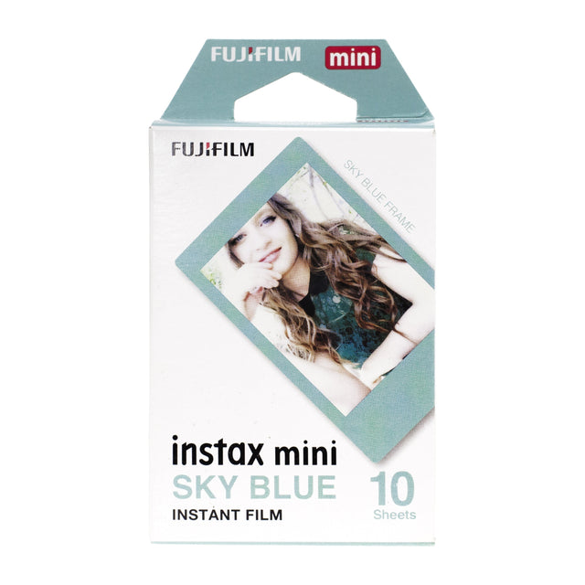 Fujifilm Instax Mini Film Sky Blue, 10 opnames met lichtblauwe fotorand, doos voorkant