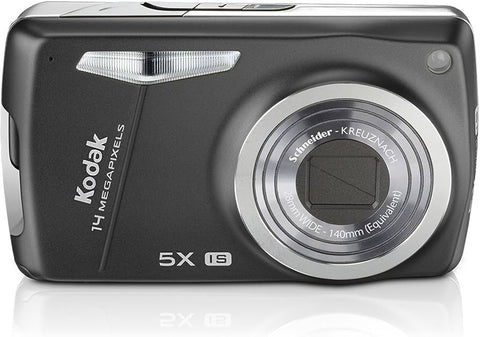 Kodak EasyShare M575 digitale compactcamera, zwart, schuin vooraanzicht met Schneider-Kreuznach-lens, tweedehands
