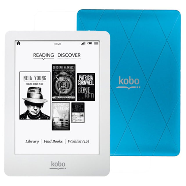 Kobo Glo e-reader 6 inch Wi-Fi, wit-blauw, witte voorkant met startscherm en blauwe achterkant, tweedehands