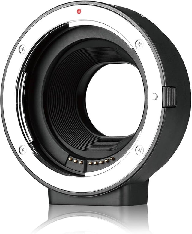 Meike MK-C-AF4 lensadapter Canon EF naar EF-M, zwart, voorkant met contactpunten en statiefvoet, tweedehands