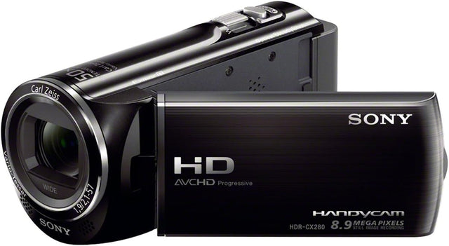 Sony HDR-CX280E Handycam videocamera, zwart, schuin van voren met gesloten scherm en HD-opschrift