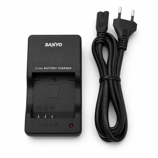 Sanyo VAR-L20NI acculader voor DB-L20, zwart, lader met leeg laadvak naast de stroomkabel met Europese stekker, tweedehands