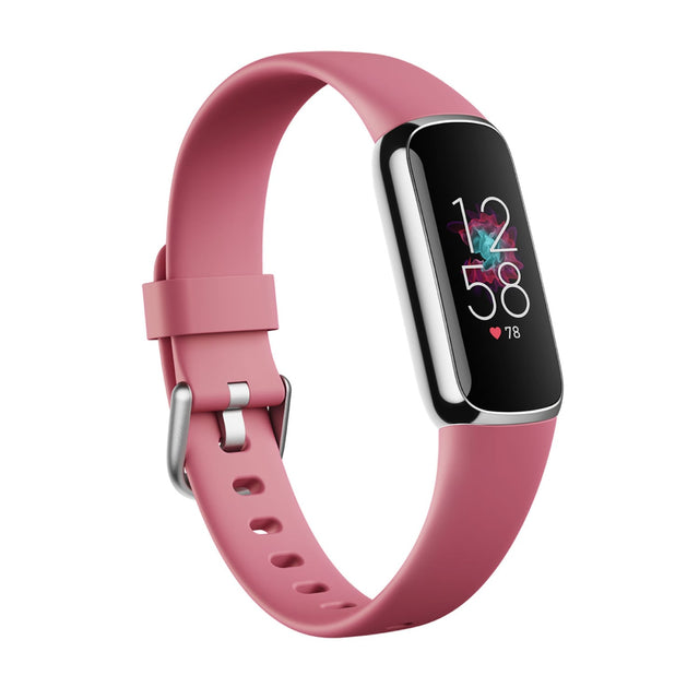 Fitbit Luxe fitness tracker - Orchid bandje met Platinum roestvrijstalen kast, schuin vooraanzicht